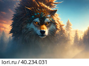 Beautiful winter landscape with giant wolf, warg Fenrir, AI generated. Стоковое AI-изображение, AI-художник Сергей Старуш / Фотобанк Лори