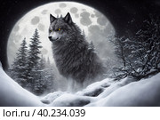 Beautiful winter landscape with giant wolf, warg Fenrir, AI generated. Стоковое AI-изображение, AI-художник Сергей Старуш / Фотобанк Лори