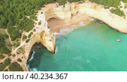 Aerial View Sandy Beach Line And Cliff Coastline With Grotte. Стоковое видео, видеограф Кирилл Трифонов / Фотобанк Лори