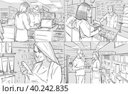 Раскадровка люди в аптеке. Стоковая иллюстрация, иллюстратор Мила Б. / Фотобанк Лори