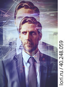 A portrait of thinkful businessman, glass reflections or double exposure, AI generative image. Стоковое AI-изображение, AI-художник Сергей Старуш / Фотобанк Лори