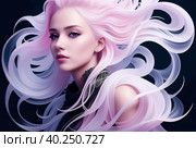 Portrait of a beautiful white-skinned girl with developing blond long hair on a black background. AI generative. Стоковое AI-изображение, AI-художник Роман Дзюбало / Фотобанк Лори