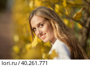 Улыбающаяся молодая женщина со светло-каштановыми волосами. Портрет красивой жизнерадостной девушки среди желтой листвы. Осеннее настроение. Осенний сезон в парке. Малая глубина резкости. Стоковое фото, фотограф Андрей Степанов / Фотобанк Лори