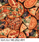 Seamless background of fresh pizza slices. Стоковое AI-изображение, AI-художник Ярославский Максим / Фотобанк Лори