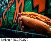A big juicy hot dog in the style of graffiti. Стоковое AI-изображение, AI-художник Ярославский Максим / Фотобанк Лори