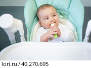 A hungry baby is gnawing on a plastic spoon at the table on a high chair. Teething, whims, itchy gums, introduction of complementary foods. Стоковое фото, фотограф Ольга Симонова / Фотобанк Лори