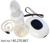 Isolated electric portable breast pump with blank bottle and replaceable nipple for feeding newborn. Стоковое фото, фотограф Яков Филимонов / Фотобанк Лори