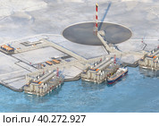 LNG plant. Gravity-type base with a gas carrier. Arctic LNG-2. 3d rendering. Редакционная иллюстрация, иллюстратор Наталья Лагуткина / Фотобанк Лори
