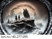 A cliff looking like giant wolf, warg Fenrir, looking at you trough snow covered trees in the northern forest at twilight. AI generative. Стоковое AI-изображение, AI-художник Сергей Старуш / Фотобанк Лори