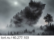 A cliff looking like giant wolf, warg Fenrir, looking at you trough snow covered trees in the northern forest at twilight. AI generative. Стоковое AI-изображение, AI-художник Сергей Старуш / Фотобанк Лори