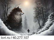 Giant wolf, warg Fenrir, looking at you trough snow covered trees in the northern forest at twilight. AI generative. Стоковое AI-изображение, AI-художник Сергей Старуш / Фотобанк Лори