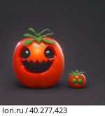 A sinister tomato with frightening eyes and jagged teeth, similar to a Halloween jack-o'-lantern. AI generated. Стоковое AI-изображение, AI-художник Сергей Старуш / Фотобанк Лори