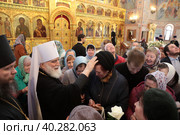 Митрополит Крутицкий и Коломенский Павел благословляет людей в Троицком храме Реутова (2023 год). Редакционное фото, фотограф Дмитрий Неумоин / Фотобанк Лори