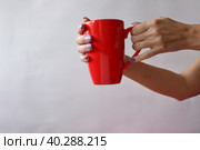 Большая красная чашка в руках женщины. Стоковое фото, фотограф Екатерина Ерш / Фотобанк Лори