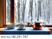 Morning aromatic coffee on a frosty winter morning. Image generated by artificial intelligence. Стоковое AI-изображение, AI-художник Сергей Елизарьев / Фотобанк Лори