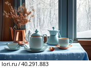 Morning aromatic coffee on a frosty winter morning. Image generated by artificial intelligence. Стоковое AI-изображение, AI-художник Сергей Елизарьев / Фотобанк Лори