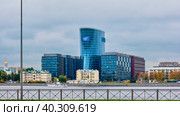 View of the modern business center Saint-Petersburg Plaza on the bank of the Neva river, Malookhtinsky avenue, cityscape: Saint-Petersburg, Russia - October 06, 2022. Редакционное фото, фотограф Алексей Голованов / Фотобанк Лори