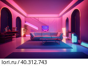 A architectural view to comfortable futiristic living room with synthwave colors lighting. AI generative image. Стоковое AI-изображение, AI-художник Сергей Старуш / Фотобанк Лори