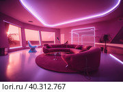A architectural view to comfortable futiristic living room with synthwave colors lighting. AI generative image. Стоковое AI-изображение, AI-художник Сергей Старуш / Фотобанк Лори