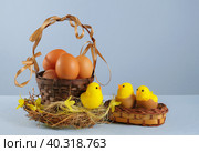 Пасха. Корзинка с яйцами и цыплята. Стоковое фото, фотограф Ольга Дмитренко / Фотобанк Лори