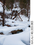 Footpath in winter taiga forest under heavy snow along Tevenek river on the bank of Teletskoe lake. Altai. Стоковое фото, фотограф Сергей Пристяжнюк (Serg Zastavkin) / Фотобанк Лори