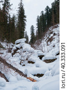 Footpath in winter taiga forest under heavy snow along Tevenek river on the bank of Teletskoe lake. Altai. Стоковое фото, фотограф Сергей Пристяжнюк (Serg Zastavkin) / Фотобанк Лори