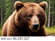 Brown bear in a coniferous forest close-up. Generative AI. Стоковое AI-изображение, AI-художник Mixail59 / Фотобанк Лори