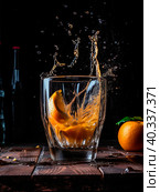 A piece of lemon and orange falls into a glass of water and splashes fly in all directions. Стоковое AI-изображение, AI-художник Ярославский Максим / Фотобанк Лори