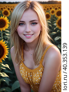 A fair-haired girl in a yellow dress among sunflowers in the light of the evening sun. Generative AI. Стоковое AI-изображение, AI-художник Mixail59 / Фотобанк Лори