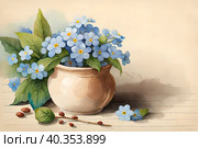 Незабудки в горшочке. Стоковое AI-изображение, AI-художник Щеголева Ольга / Фотобанк Лори