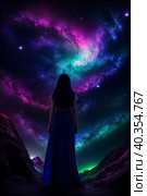 A woman peers into the colorful sky of a planet in a distant star system. Generative AI. Стоковое AI-изображение, AI-художник Mixail59 / Фотобанк Лори