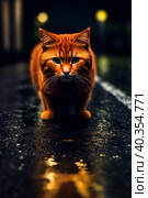 Red cat stands on wet asphalt after rain at night. Generative AI. Стоковое AI-изображение, AI-художник Mixail59 / Фотобанк Лори