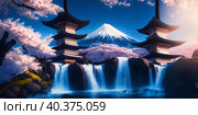 Spring sakura blossom, pagoda against the backdrop of Mount Fuji, landscape. Стоковое AI-изображение, AI-художник Сергей Елизарьев / Фотобанк Лори
