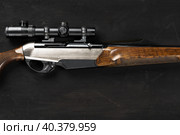 Smoothbore hunting gun on black background close up. Стоковое фото, фотограф Сергей Толмачёв / Фотобанк Лори