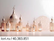 Postcard for the holiday Eid al adha. Mosques and minarets, lanterns on a beige background. With Generative AI tehnology. Стоковое AI-изображение, AI-художник Мария Фадеева / Фотобанк Лори
