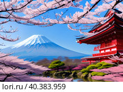 Spring sakura blossom, pagoda against the backdrop of Mount Fuji, landscape. Стоковое AI-изображение, AI-художник Сергей Елизарьев / Фотобанк Лори