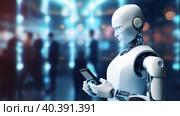 White robot chatting gpt with mobile phone in hand. The concept of future technology in the modern world is among us. AI generated. Стоковое AI-изображение, AI-художник ALLA YURTAYEVA / Фотобанк Лори