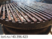 Grill - a portable installation for cooking on coals, in the heat. Direct method of cooking meat. The remaining fat burns and forms acrid carcinogenic smoke with aromatic hydrocarbons. Smoking grill. Стоковое фото, фотограф Юлия Петровская / Фотобанк Лори