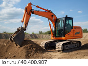 A minitractor rakes the earth with a bucket. Land works. Generative AI. Стоковое AI-изображение, AI-художник Юрий Поздников / Фотобанк Лори