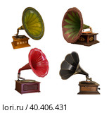 Collage, four vintage gramophones on a white background isolated. Стоковое фото, фотограф Наталья Волкова / Фотобанк Лори