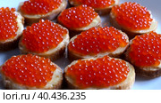 Sandwiches With Red Caviar On White Plate On Gray Wooden Background Close Up Slider Shot. Стоковое видео, видеограф Евгений Ковальский / Фотобанк Лори