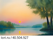 Dawn over the river. Morning fog. Summer landscape. Стоковое AI-изображение, AI-художник Сергей Елизарьев / Фотобанк Лори