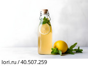 Bottle of kombucha with lemon and mint on white background with copy space. Generative AI. Стоковое AI-изображение, AI-художник Александра Селина / Фотобанк Лори