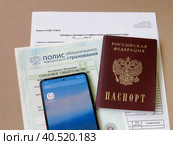 Личные данные в электронном приложении "Государственные услуги": паспорт гражданина РФ, медицинский полис, СНИЛС и справка о доходах (2023 год). Редакционное фото, фотограф Татьяна Т / Фотобанк Лори