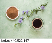 Chicory coffee. A substitute for traditional coffee, a herbal drink from the roots of chicory. Top view. Стоковое фото, фотограф Саблин Станислав / Фотобанк Лори
