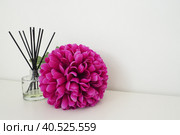 Arrangement with incense sticks, essential oil in a glass vase and a bright pink-lilac terry artificial flower in the interior of a white room. White background. Стоковое фото, фотограф Юлия Петровская / Фотобанк Лори