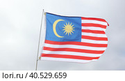 Large flag of Malaysia fixed on metal stick waving against background of cloudy sky during daytime. Стоковое видео, видеограф Яков Филимонов / Фотобанк Лори