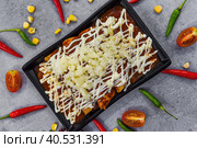Chilaquiles with chicken and sour cream and sauce on a gray background. Стоковое фото, фотограф Татьяна Терехина / Фотобанк Лори