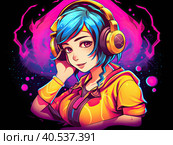 Image of an anime girl listening to music with headphones, video game style, colorful color saturation, neon. Created by AI. Стоковое AI-изображение, AI-художник Ярославский Максим / Фотобанк Лори