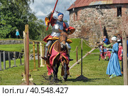 A knight with a spear on a horse at the Russian Fortress festival of historical reconstruction (2014 год). Редакционное фото, фотограф Анна Кривицкая / Фотобанк Лори